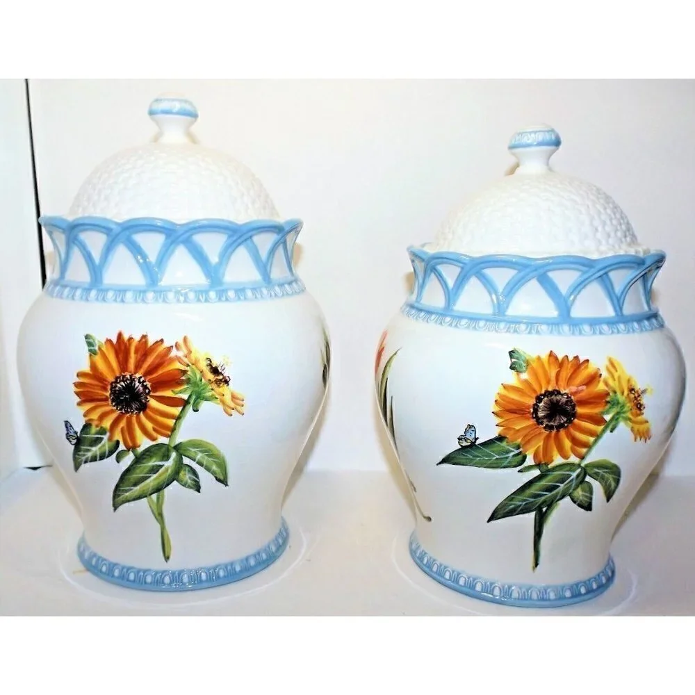 Raymond Waites Hampton Garden 2 Vintage Canisters W/Lids white blue floral